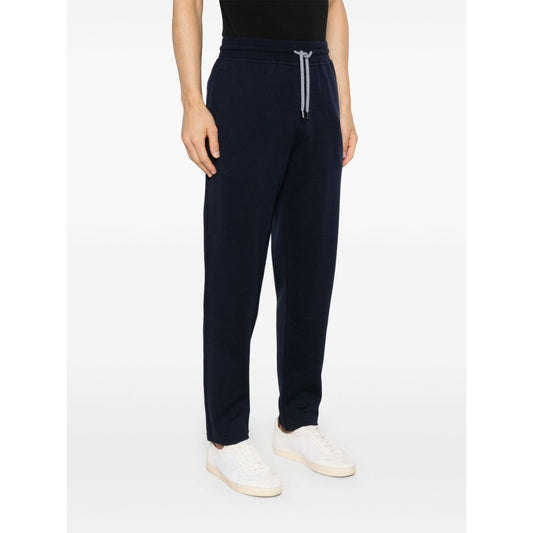 Brunello Cucinelli Trousers Blue, navy cotton blend with elastic waistband, side welt pockets, tapered leg, drawstring, sweatpants style.