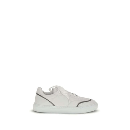 Brunello Cucinelli White Calf Leather Bos Taurus Low Top Sneakers with monili decoration for AW25, featuring a rubber sole and flat laces.