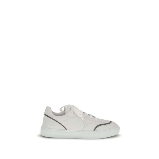 Brunello Cucinelli White Calf Leather Bos Taurus Low Top Sneakers with monili decoration for AW25, featuring a rubber sole and flat laces.