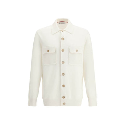 Brunello Cucinelli White Cashmere Cardigan with ribbed collar, button closure, and pockets. AW25 collection.