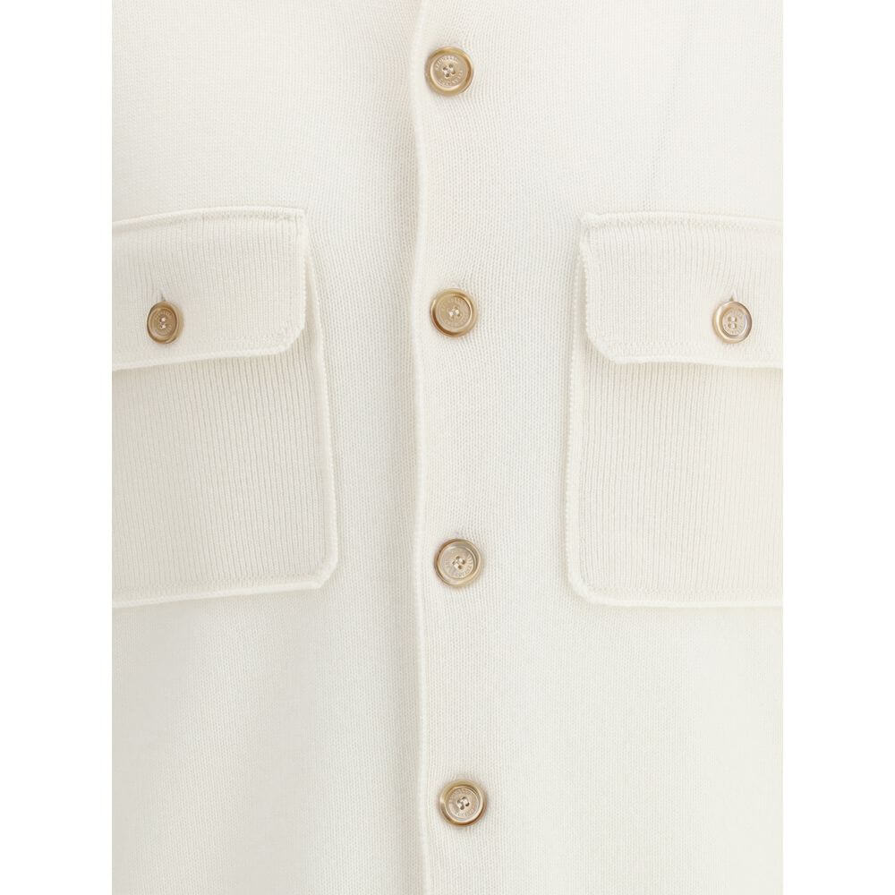 Brunello Cucinelli White Cashmere Cardigan with ribbed collar, button closure, and patch pockets.