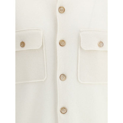 Brunello Cucinelli White Cashmere Cardigan with ribbed collar, button closure, and patch pockets.