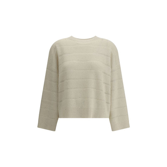 Brunello Cucinelli White Cashmere Cashmere Sweater with ribbed knit design, crew neck, and wide sleeves for elegant, contemporary style.