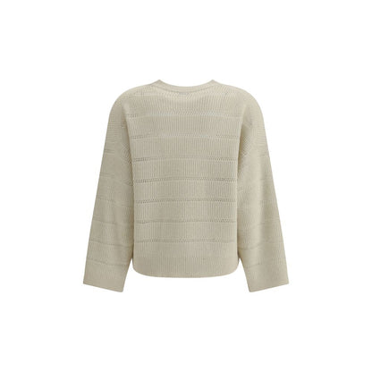 Back view of Brunello Cucinelli White Cashmere Cashmere Sweater with ribbed knit, crew neck, and wide sleeves, showcasing elegant texture.