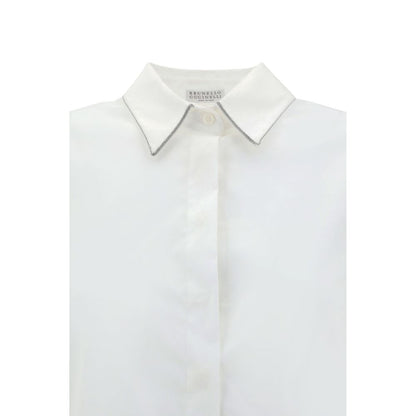 Brunello Cucinelli White Cotton Dress Shirt with classic collar and jewel embellishments.
