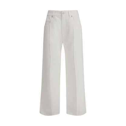 Brunello Cucinelli White Cotton Straight-Leg Jeans with five-pocket design and leather patch.