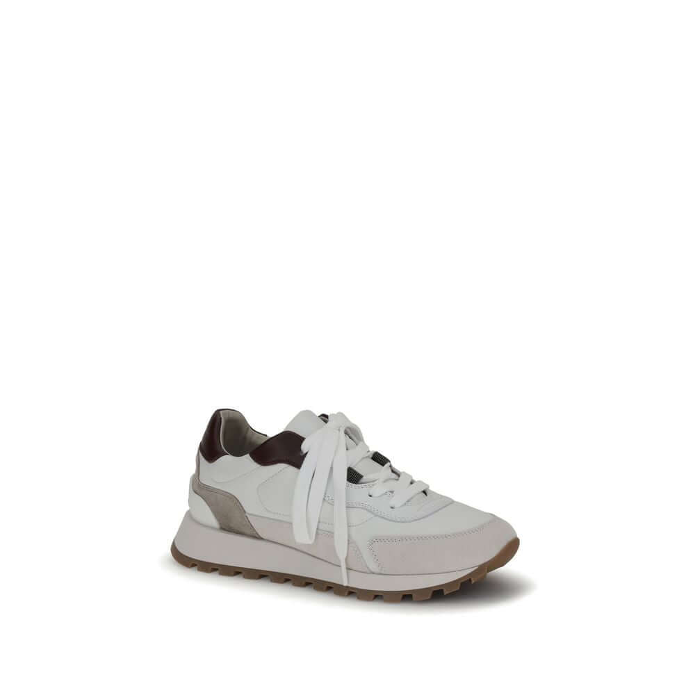 Brunello Cucinelli White Leather Athletic Sneakers with shiny jewel decoration, smooth leather, and a comfortable microsole for refined elegance.