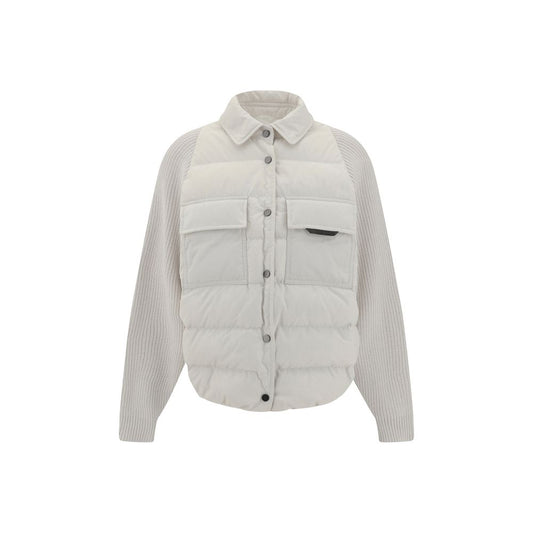 Brunello Cucinelli White Polyamide Coat with quilted design, classic collar, and patch pockets, ideal for warmth and style in colder seasons.