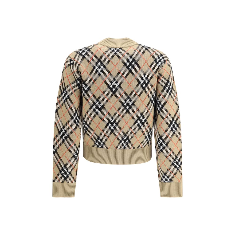 Back view of Burberry Beige Wool Cardigan with iconic check pattern, ribbed collar, hem, and cuffs designed for a comfortable fit.