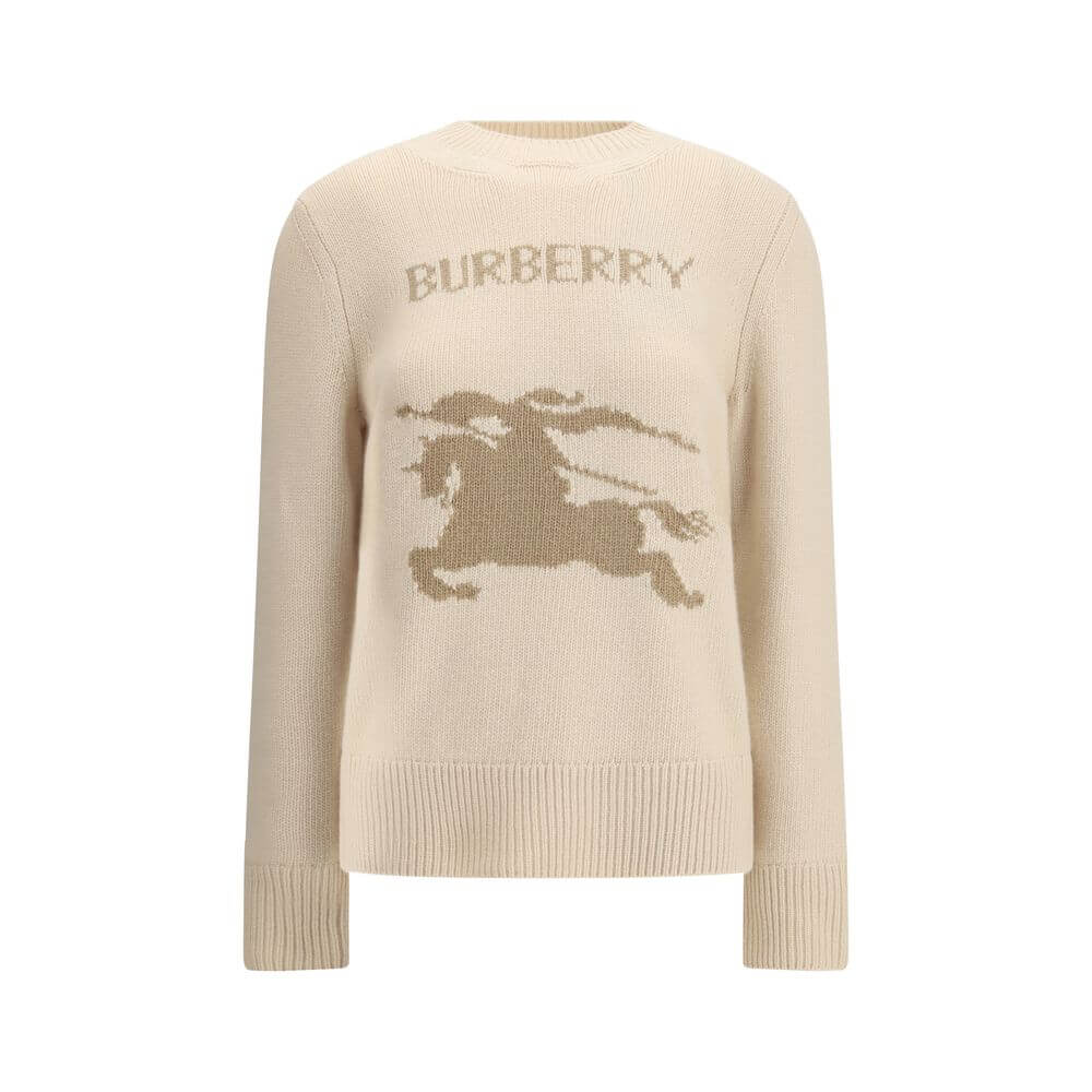 Burberry Beige Wool Cashmere Sweater with Equestrian Knight design and ribbed trims, offering a blend of comfort and iconic style.