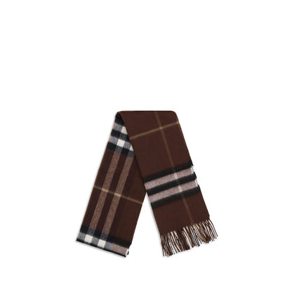 Burberry Brown Cashmere Scarf with classic check pattern, featuring fringed edges, luxurious and elegant accessory for AW25.