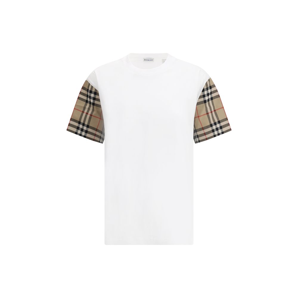 Burberry Check Archive Sleeve T-shirt with iconic Archivio Check pattern on sleeves, white cotton, ribbed collar