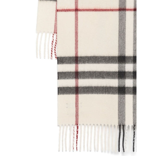 Burberry Check cashmere scarf with off-white check pattern and fringed edges, showcasing signature style and luxury fabric.