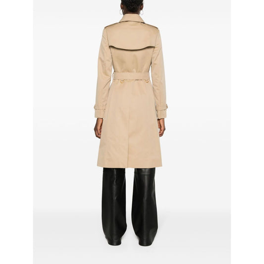 Back view of Burberry Double-breasted cotton trench coat in archive beige with belt and epaulettes, showing classic design details.