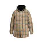 Burberry Reversible waterproof Jacket with check pattern, adjustable hood, and zipper closures, showcasing stylish functionality.