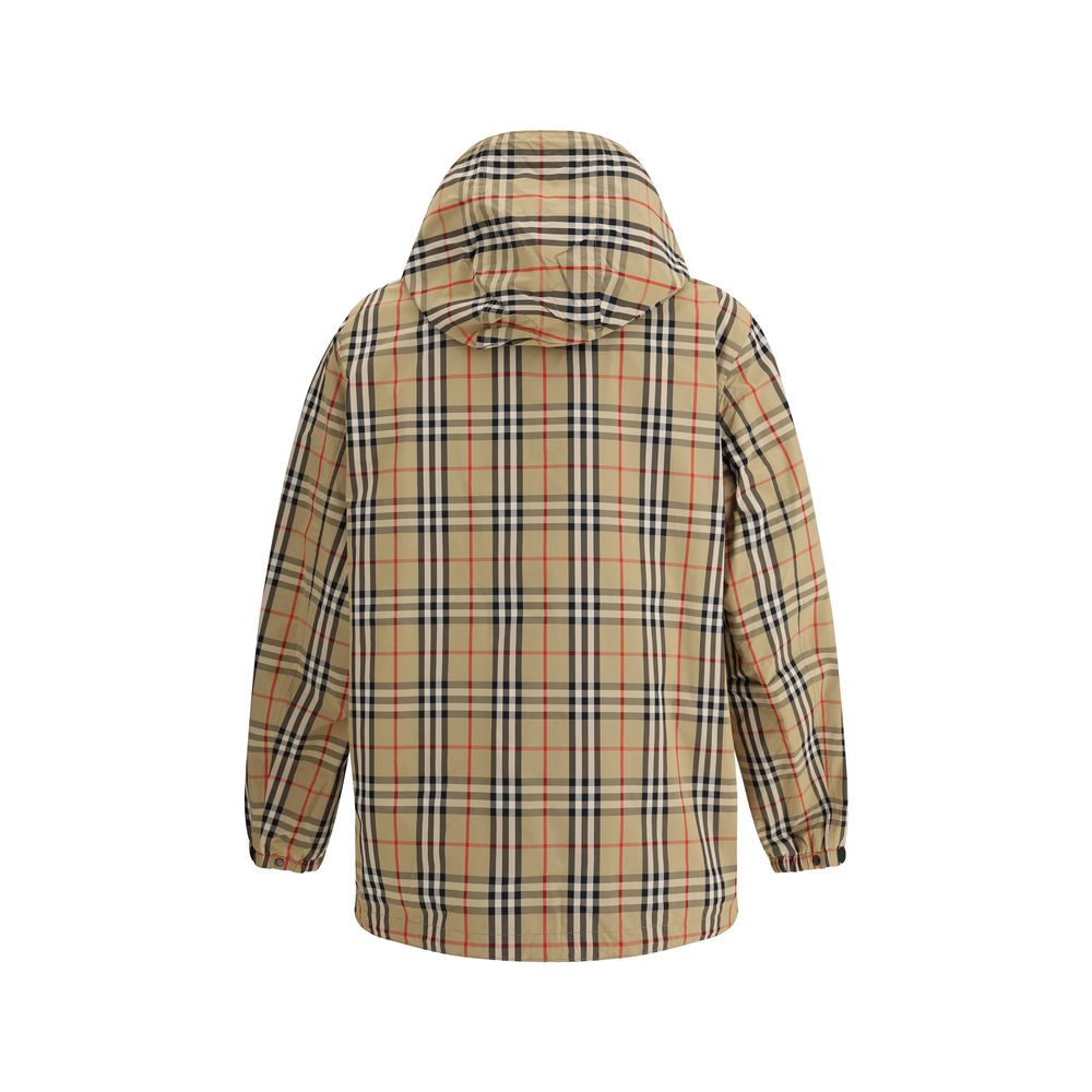 Rear view of Burberry Reversible waterproof Jacket showcasing classic check pattern and hood.