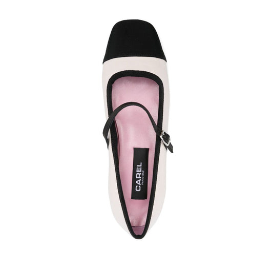 CAREL PARIS Flat shoes Beige with buckle strap, branded insole, contrasting toecap and flat sole, top view.