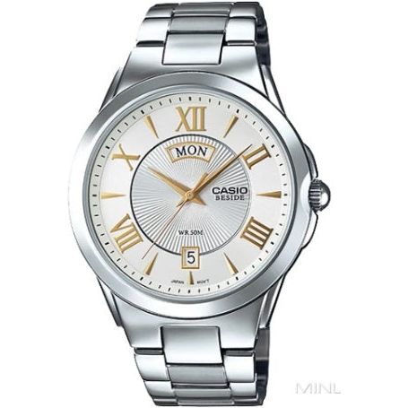 CASIO BESIDE Mod. DAY & DATE - WHITE. GOLD INDEXES