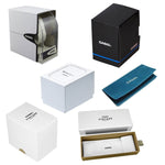Assorted packaging boxes for CASIO wristwatches, showcasing brand diversity in presentation styles.
