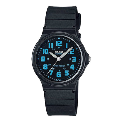 Black CASIO COLLECTION quartz wristwatch with 34mm resin case, 3 ATM water resistance, and blue numerals, packaged in official box.
