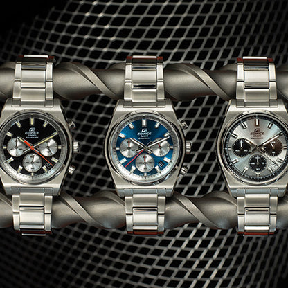 CASIO EDIFICE Mod. MOTORSPORT CHRONOGRAPH BLUE wristwatches displayed on a unique metal grille design, featuring stainless steel straps and sapphire dials.
