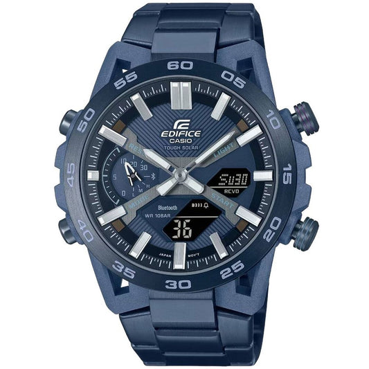 CASIO EDIFICE Mod. SOSPENSIONE Tough Solar Bluetooth® wristwatch with blue dial and stainless steel strap.