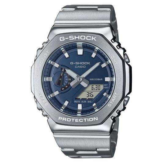 CASIO G-SHOCK Mod. OAK G-STEEL PETROL BLUE wristwatch with 20 ATM water resistance, stainless steel case, and multifunction quartz movement.