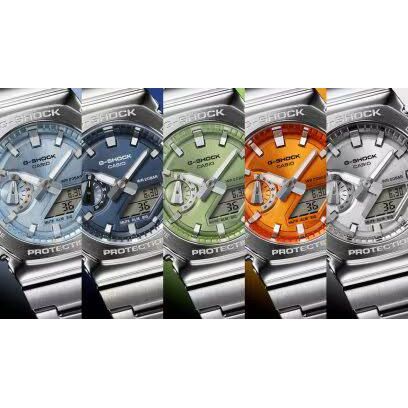 Collection of CASIO G-SHOCK Mod. OAK G-STEEL PETROL BLUE watches in various colors showcasing rugged design and functionality.