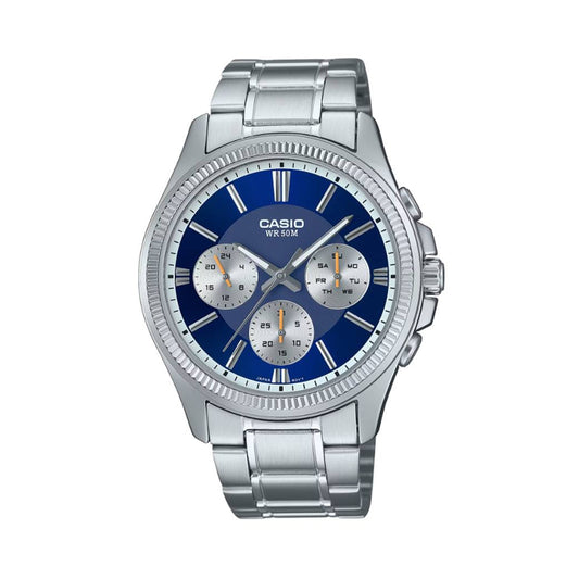 Alt Tag: CASIO Mod. DAY DATE MULTIFUNCTION - BLUE wristwatch, 5 ATM water resistant, stainless steel case and bracelet, quartz movement, official box.