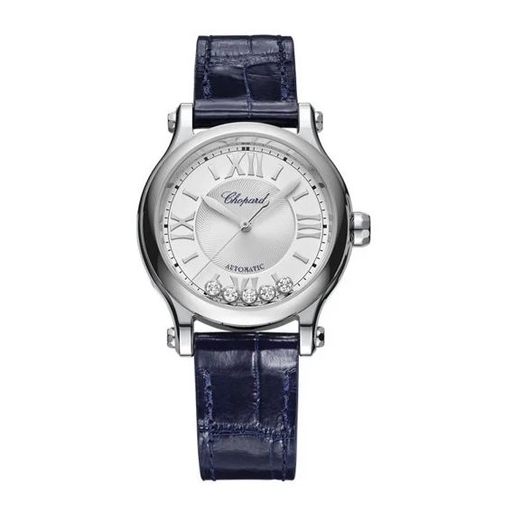 CHOPARD MOD. HAPPY SPORT AUTOMATIC - THE FIRST COLLECTION W/Diamonds, 33mm stainless steel case, sapphire dial, blue alligator leather strap.