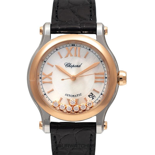 CHOPARD MOD. HAPPY SPORT AUTOMATIC W/Diamonds wristwatch with rose gold case, alligator leather strap, and diamonds, lady's 36mm