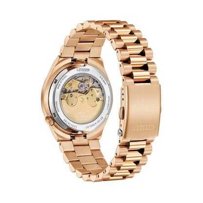 Back view of CITIZEN Mod. TSUYOSA Automatic - RED wristwatch with gold SS IP strap showcasing mechanical movement in official packaging.