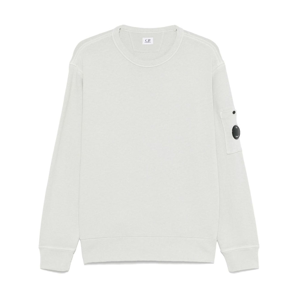 C.P. COMPANY Sweaters Clear Blue crew neck with sleeve patch pocket, ribbed cuffs and hem, ice blue cotton sweatshirt.