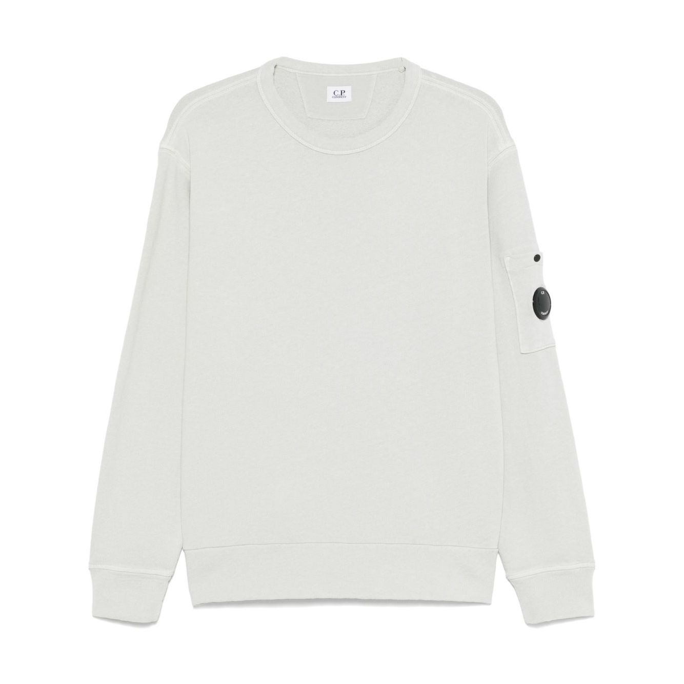 C.P. COMPANY Sweaters Clear Blue crew neck with sleeve patch pocket, ribbed cuffs and hem, ice blue cotton sweatshirt.