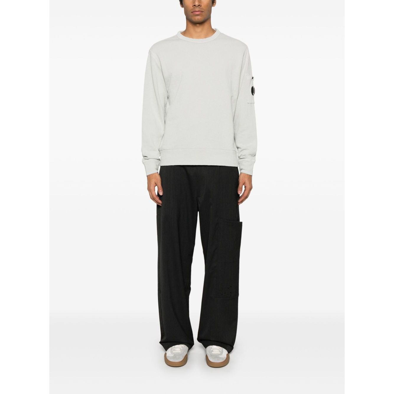 C.P. COMPANY Sweaters Clear Blue crew neck with patch pocket, ribbed cuffs, worn by model, ice blue color, cotton material
