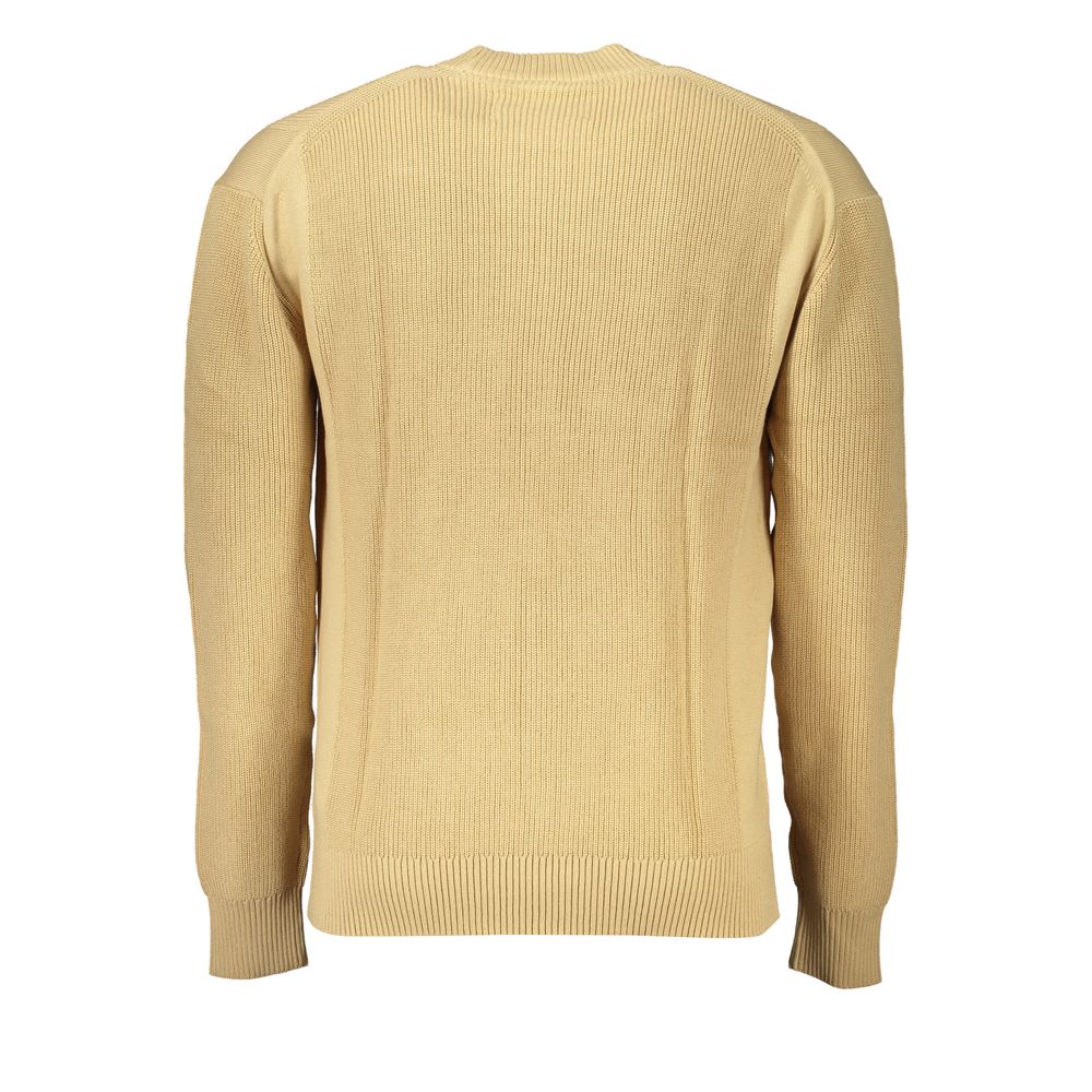 Calvin Klein Beige Cotton Sweater featuring long sleeves, crew neck, contrast details, and embroidery.