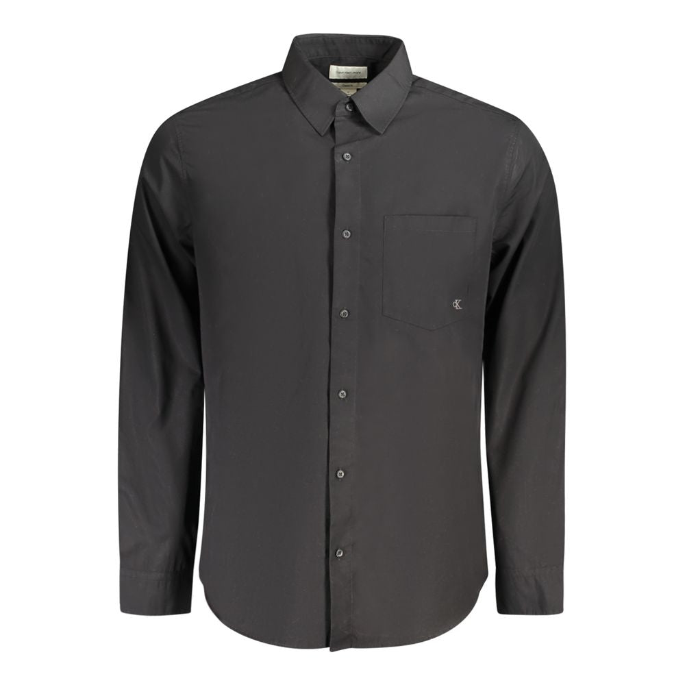 Calvin Klein Black Cotton Shirt with Italian collar, long sleeves, classic fit, 2 button cuffs, and embroidered logo.