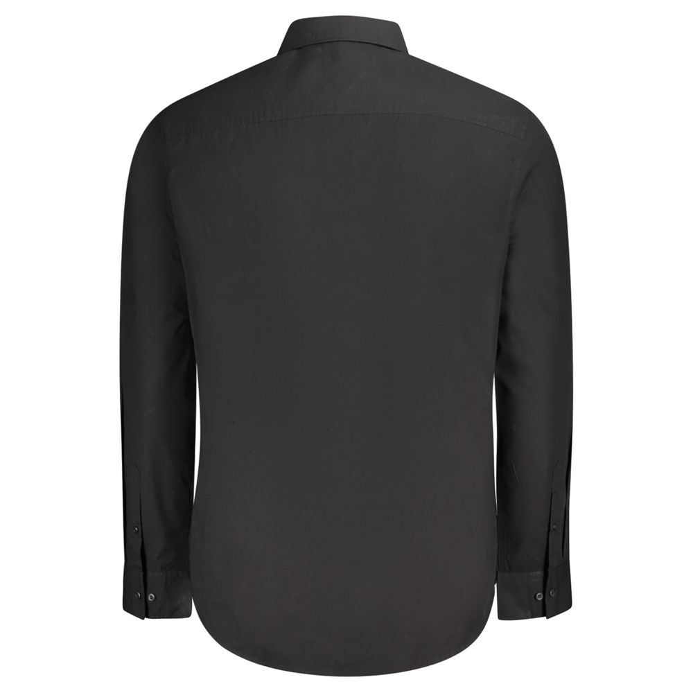 Calvin Klein Black Cotton Shirt, long sleeve, classic fit, Italian collar, organic cotton, back view, button cuffs, logo embroidery.