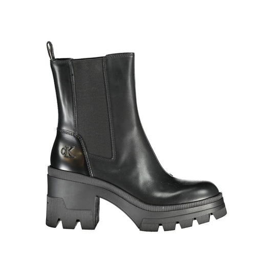Calvin Klein Black Leather Women Boot with 8 cm heel, chic design, and iconic logo for a sophisticated, elegant look.