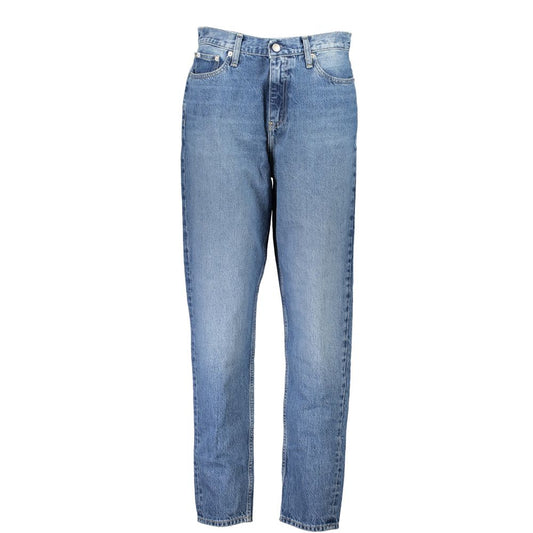 Calvin Klein Blue Cotton Women Jean with vintage washed effect and iconic logo, featuring classic five-pocket design for trendsetting fit.