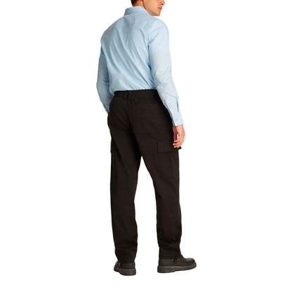 Model wearing Calvin Klein Jeans Black Cotton Cargo Pants, showcasing comfort and style for versatile everyday wear.