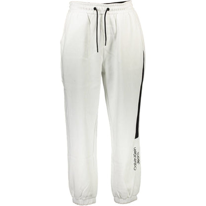 Calvin Klein White Cotton Men's Sport Trouser with logo and black stripe, perfect for sporty and stylish summer fashion.