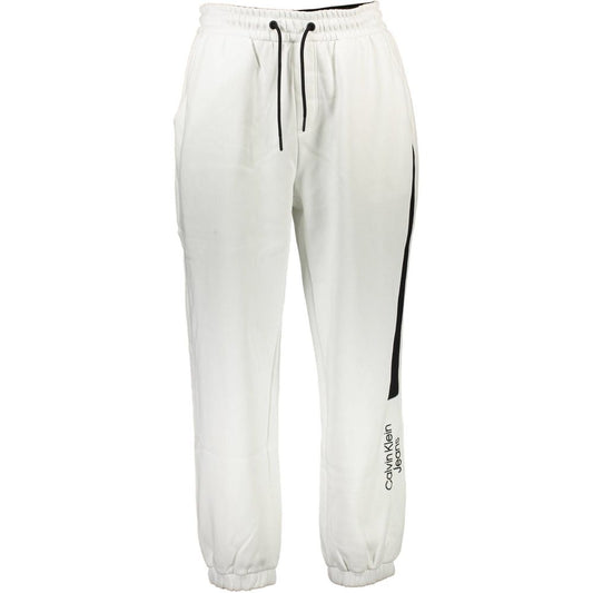 Calvin Klein White Cotton Men's Sport Trouser with logo and black stripe, perfect for sporty and stylish summer fashion.