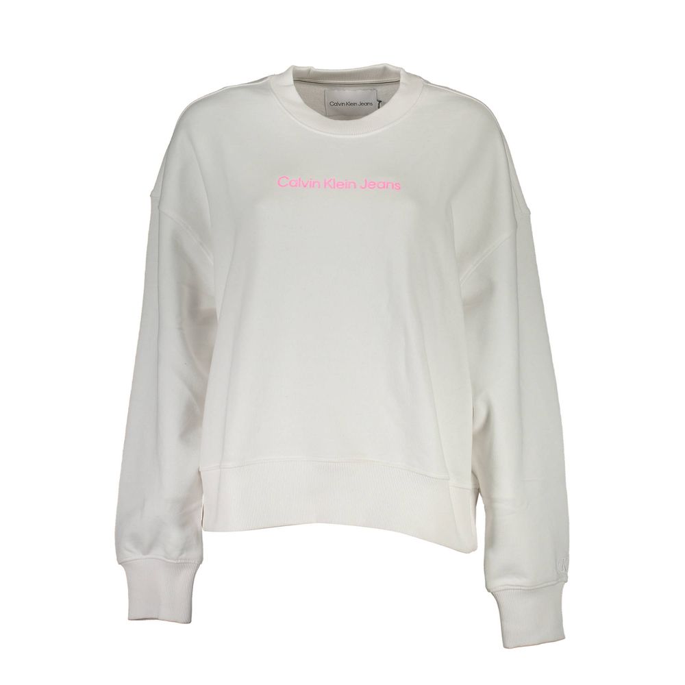 Calvin Klein White Cotton Women Sweater, long-sleeve and crew neck with logo, stylish elegance for a trend-forward wardrobe.