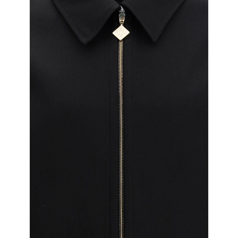 Casablanca Black Wool Full-Length Jacket with sleek zipper and pointed collar showcasing modern and polished design.