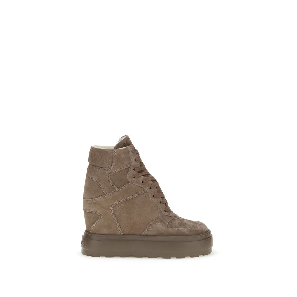 Side view of Casadei Beige Calf Leather Bos Taurus Sneakers with wedge heel and rubber sole.