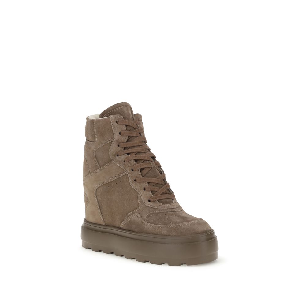 Alt Tag: Casadei Beige Calf Leather Bos Taurus Sneakers with suede finish, lace-up closure, and hidden wedge for height and comfort.
