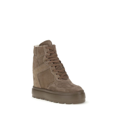 Alt Tag: Casadei Beige Calf Leather Bos Taurus Sneakers with suede finish, lace-up closure, and hidden wedge for height and comfort.