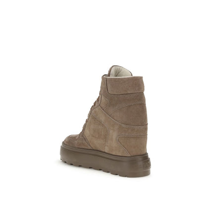 Casadei Beige Calf Leather Bos Taurus Sneakers in suede with lace-up design and hidden wedge, rear view
