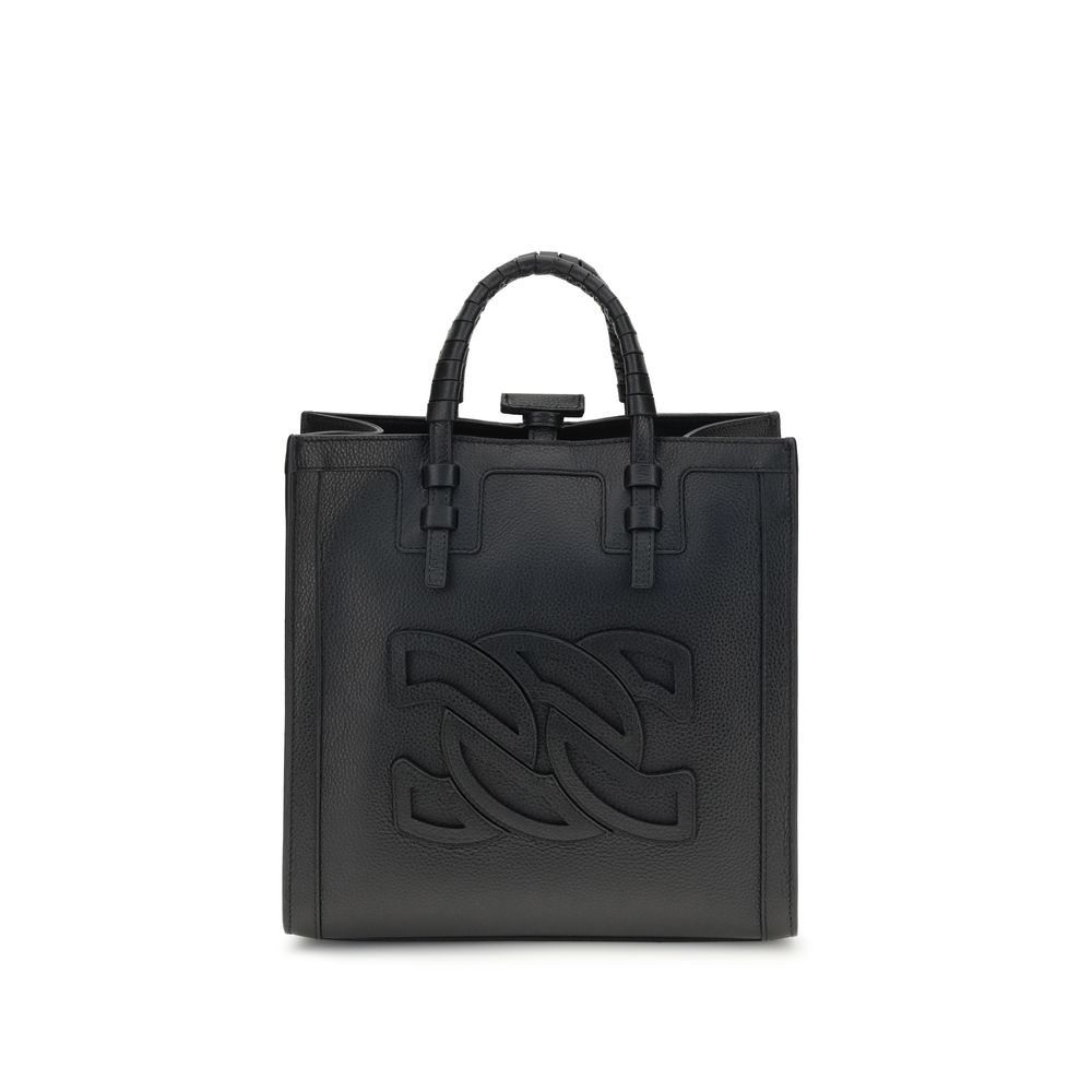 Casadei Black Calf Leather Bos Taurus Shoulder Bag with embossed logo and tubular handles. Chic and versatile tote for AW25 season.